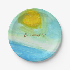 Plato De Papel Whimsical Sun Watercolor "Bon Appetit" Paper Plate