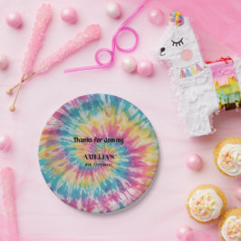 Plato De Papel Whimsical Tie Dye Watercolor Arcoiris Cumpleaños