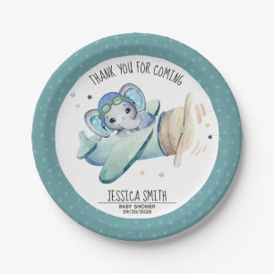 Plato De Papel Whimsical Watercolor Elephane Airplane Baby Shower