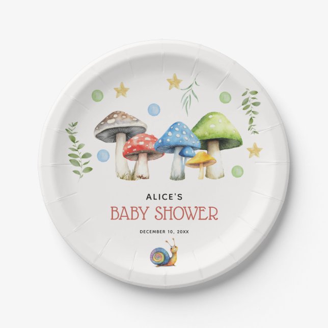 Plato De Papel Whimsical Watercolor Mushroom Baby Shower (Anverso)
