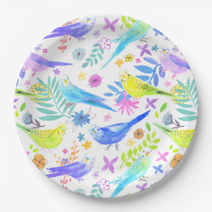 Plato De Papel Whimsical Watercolour Budgie Parakeets