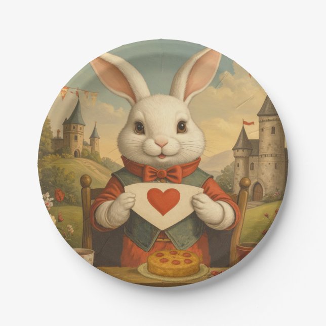 Plato De Papel Whimsical White Rabbit Hearts Enchanted Wonderland (Anverso)