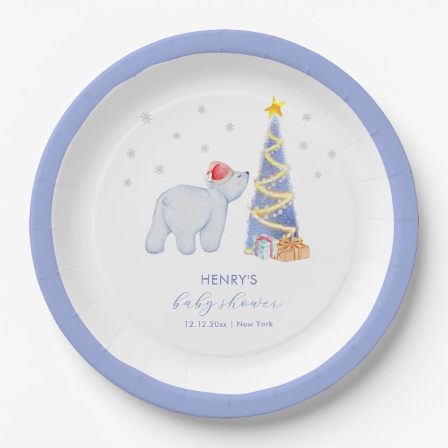 Plato De Papel Whimsical Winter Santa Polar Bear Baby Shower  (Anverso)