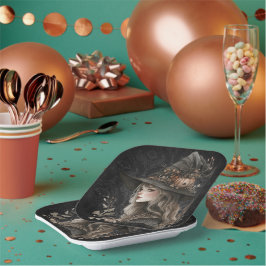 Plato De Papel Whimsical Witch on Black Damask