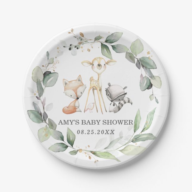 Plato De Papel Whimsical Woodland Animals Greenery Baby Shower (Anverso)