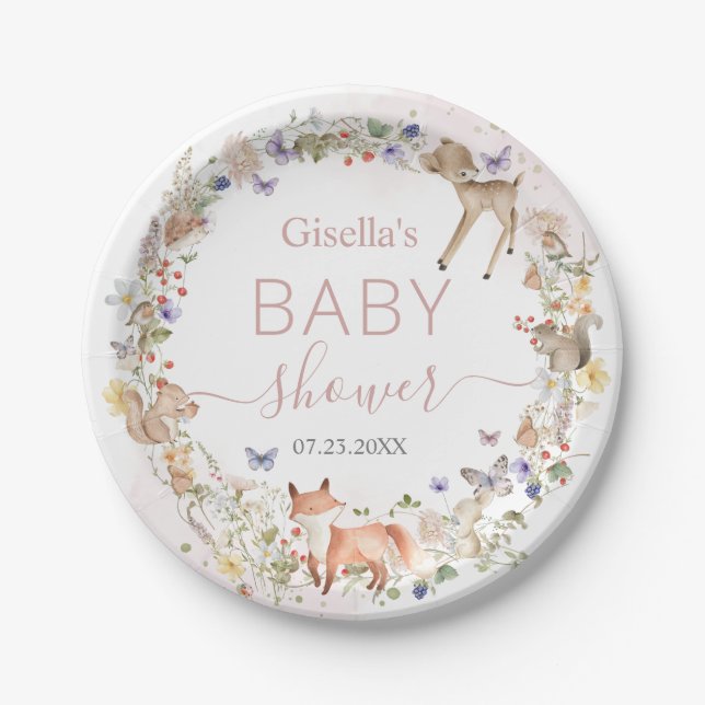 Plato De Papel Whimsical Woodland Animals Wildflower Baby Shower  (Anverso)