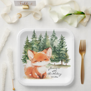 Plato De Papel Whimsical Woodland Baby Fox 4º cumpleaños