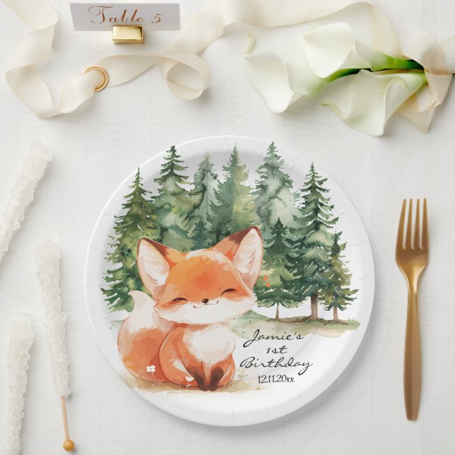 Plato De Papel Whimsical Woodland Baby Fox Primer Cumpleaños (Boda)