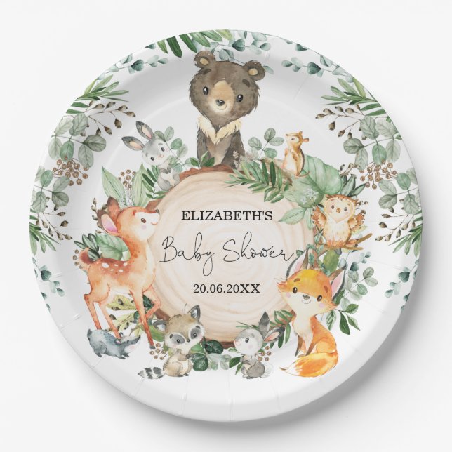 Plato De Papel Whimsical Woodland Greenery Animals Baby Shower (Anverso)