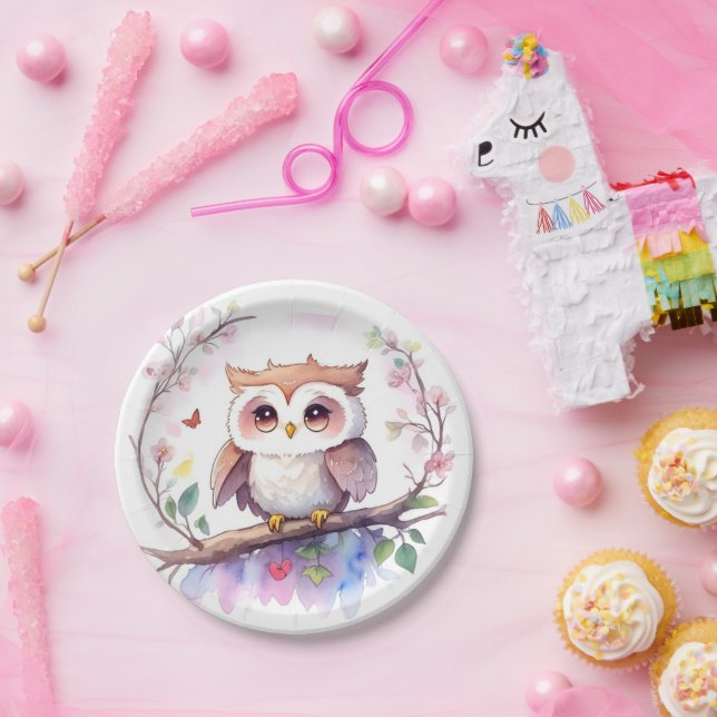 Plato De Papel Whimsical Woodland Owl Chica Baby Shower (Fiesta)