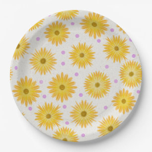 Plato De Papel Whimsical Yellow Daisy Wildflower Dot Birday