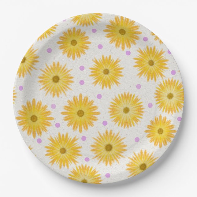 Plato De Papel Whimsical Yellow Daisy Wildflower Dot Birday (Anverso)