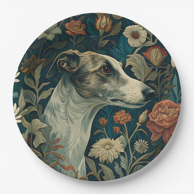 Plato De Papel Whippet Brindle and White William Morris Style (Anverso)