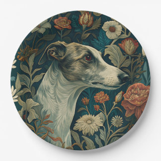 Plato De Papel Whippet Brindle y Blanco Estilo William Morris