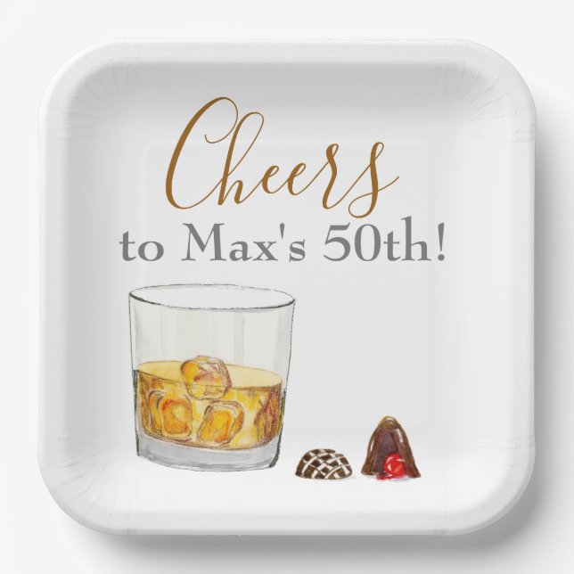 Plato De Papel Whiskey Watercolor Chocolate Truffles Cumpleaños (Anverso)