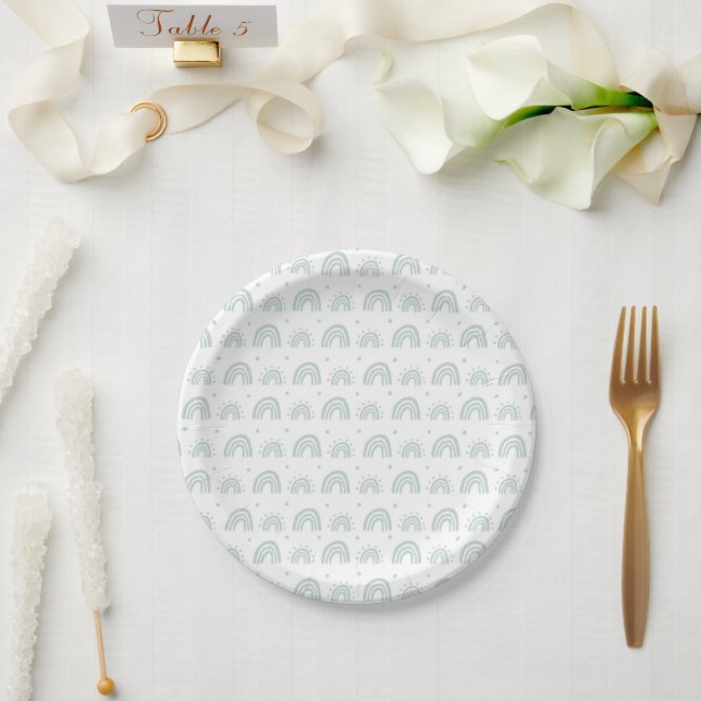 Plato De Papel White And Blue Rainbow Babyshower New Baby Plate (Boda)