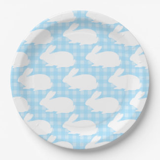 Plato De Papel White Bunnies on Pastel Blue Gingham Pattern