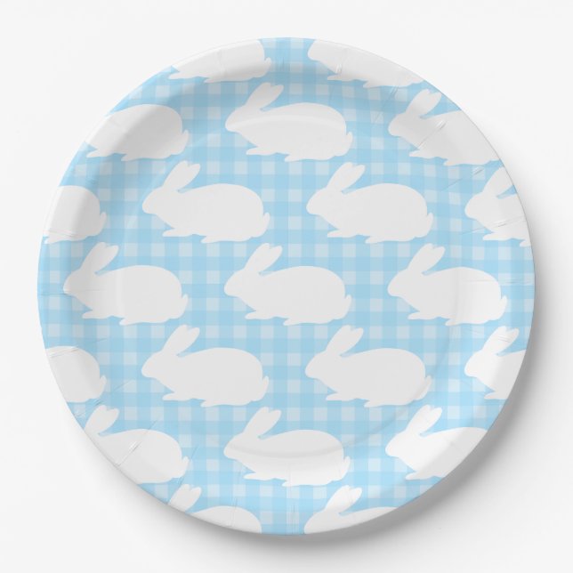 Plato De Papel White Bunnies on Pastel Blue Gingham Pattern (Anverso)