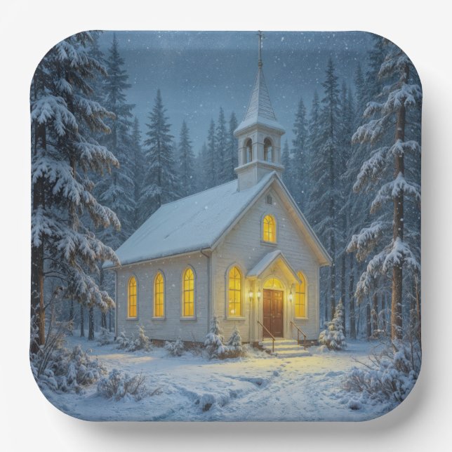 Plato De Papel White Christmas Chapel In Winter Pines (Anverso)