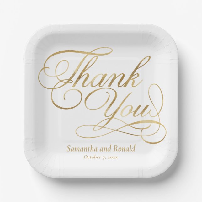 Plato De Papel White & Gold Foil Thank You Calligraphy Wedding (Anverso)
