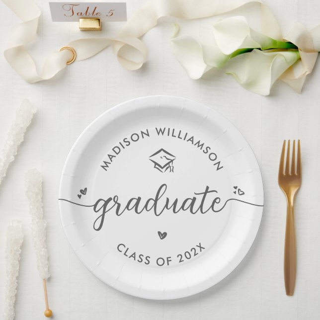 Plato De Papel White Graduation Gray Script Hearts Cap Fun Modern (Boda)
