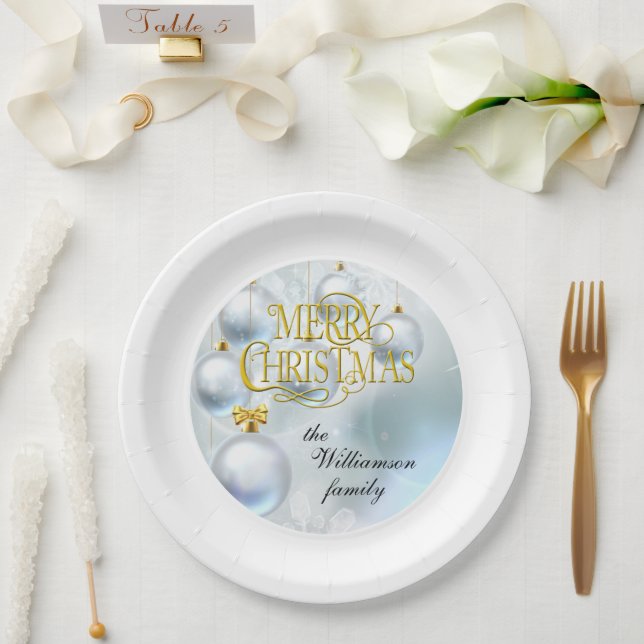 Plato De Papel White Ornaments Merry Christmas - Personalize (Boda)