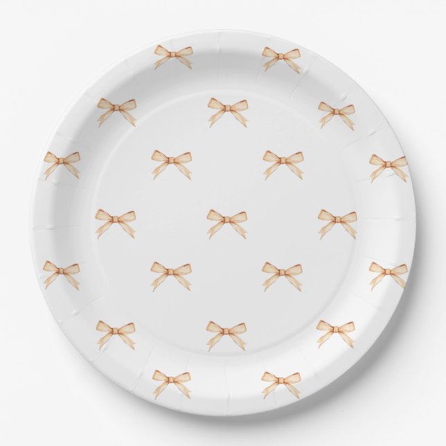 Plato De Papel White Paper Plate with Gold Bow Pattern (Anverso)