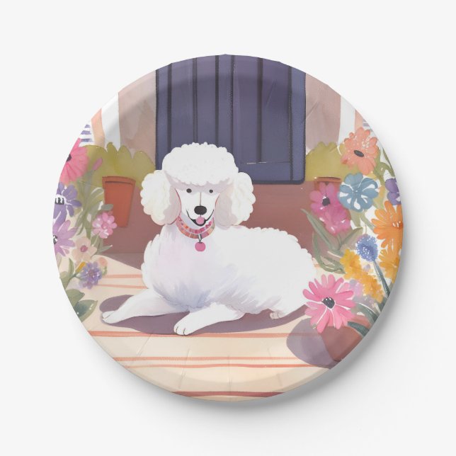 Plato De Papel White Poodle | Dog Pet Watercolor Flowers (Anverso)