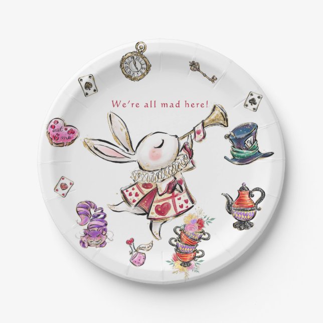 Plato De Papel White Rabbit Mad Hatter Tea Party Birthday  (Anverso)