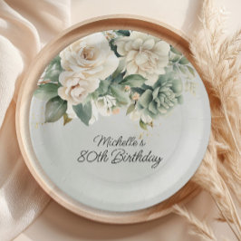 Plato De Papel White Sage Green Floral Gold 80 cumpleaños