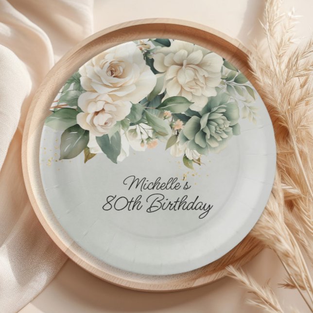 Plato De Papel White Sage Green Floral Gold 80 cumpleaños (White and sage green floral birthday party paper plates)