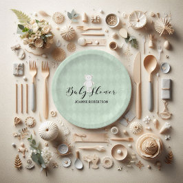 Plato De Papel White Teddy Bear Sage Green Diamond Baby Shower