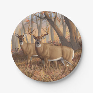 Plato De Papel Whitetail Deer Buck & Doe Otumn Maple Woods