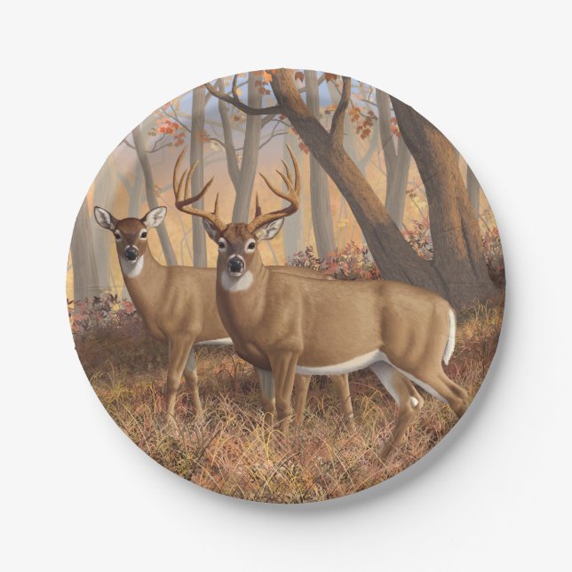 Plato De Papel Whitetail Deer Buck & Doe Otumn Maple Woods (Anverso)