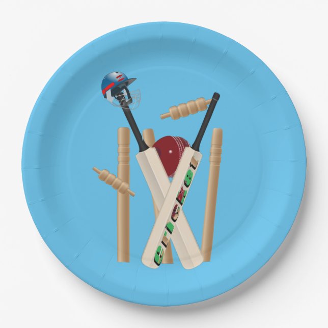 Plato De Papel Wickets, Cascos, Bats Y Balas De Cricket (Anverso)
