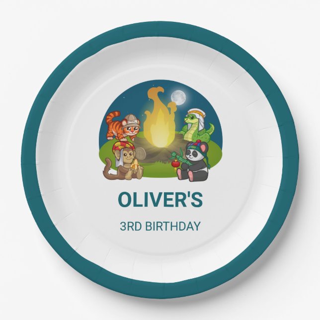 Plato De Papel Wild Animals Jungle Night Camping Birthday Party  (Anverso)