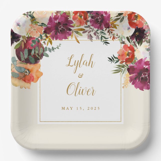 Plato De Papel Wild Autumn Bouquet | Boda personalizado (Anverso)