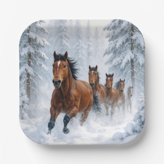 Plato De Papel Wild Horses Running Through a Snowy Forest (Anverso)