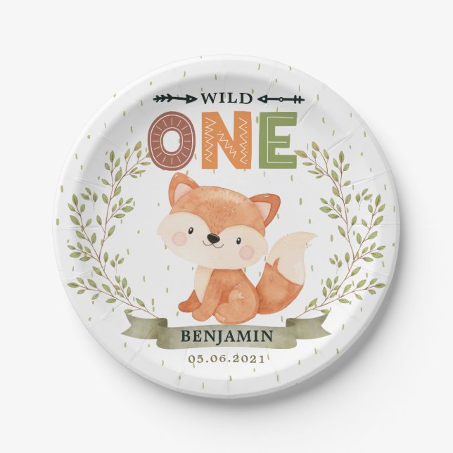 Plato De Papel Wild One Baby Fox 1ª Placa De Papel De Cumpleaños (Anverso)