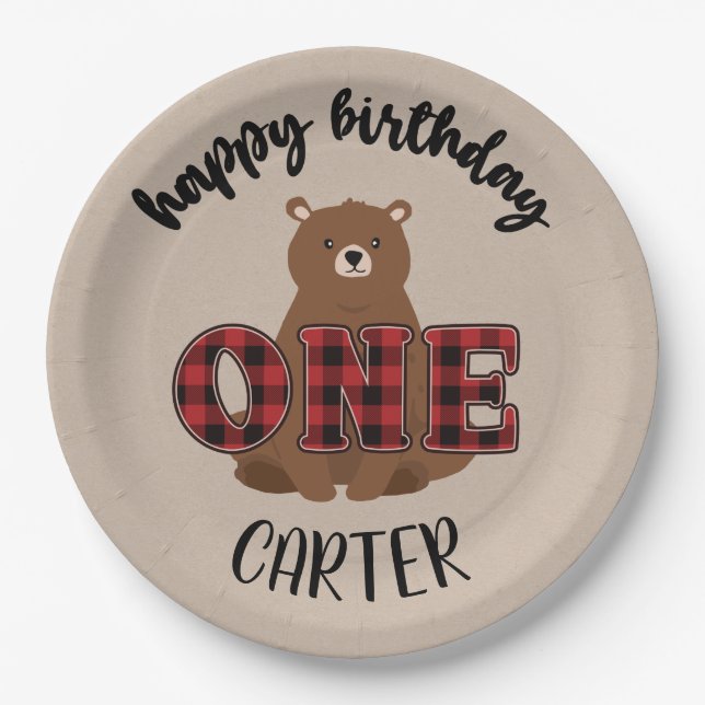 Plato De Papel Wild ONE Bear Happy First Birday Party (Anverso)