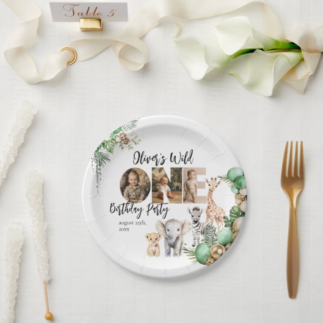 Plato De Papel Wild One Birthday Safari Animal Photo (Boda)