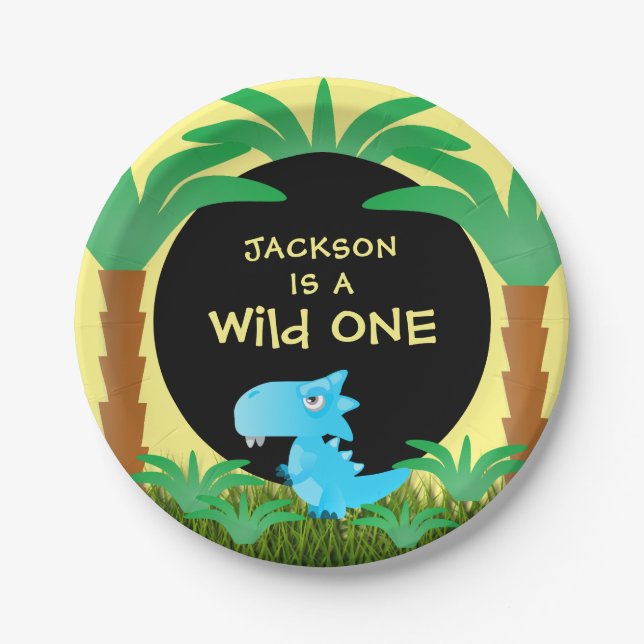 Plato De Papel Wild ONE Blue Dinosaur Boy 1er cumpleaños (Anverso)