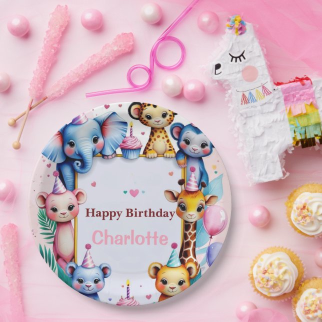 Plato De Papel Wild One Cute Animals Balloon girls Birthday (Fiesta)