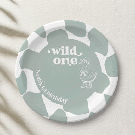 Plato De Papel Wild One Dapper Duck 1st Birthday Sage Green Check