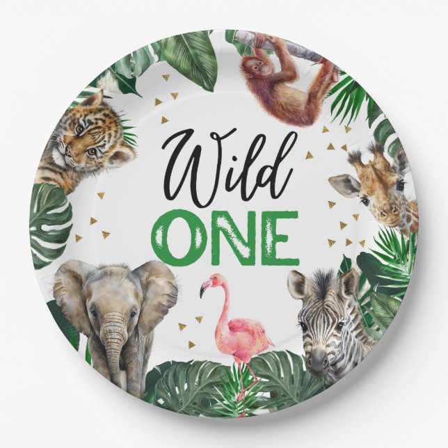 Plato De Papel Wild One Jungle Safari Baby Boy 1° cumpleaños (Anverso)