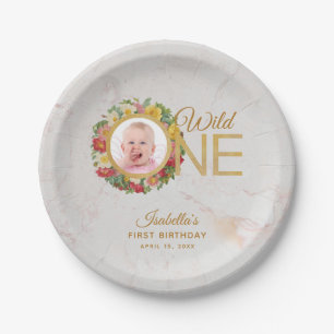 Plato De Papel Wild One Photo Rosa Wreath First Birthday Marble