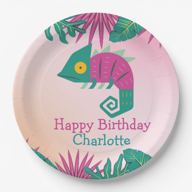 Plato De Papel Wild One Pink chameleon jungle 1er cumpleaños anim (Anverso)