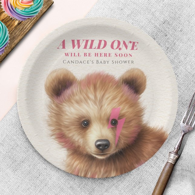 Plato De Papel Wild One Pink Hair Bear Baby Shower (Subido por el creador)