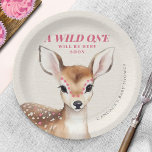 Plato De Papel Wild One Pink Spot Fawn Baby Shower<br><div class="desc">El tema de la ducha de bebé en un terreno boscoso inspirado en una roca y rollo,  incluye ciervos bebé adornados con manchas rosadas.</div>