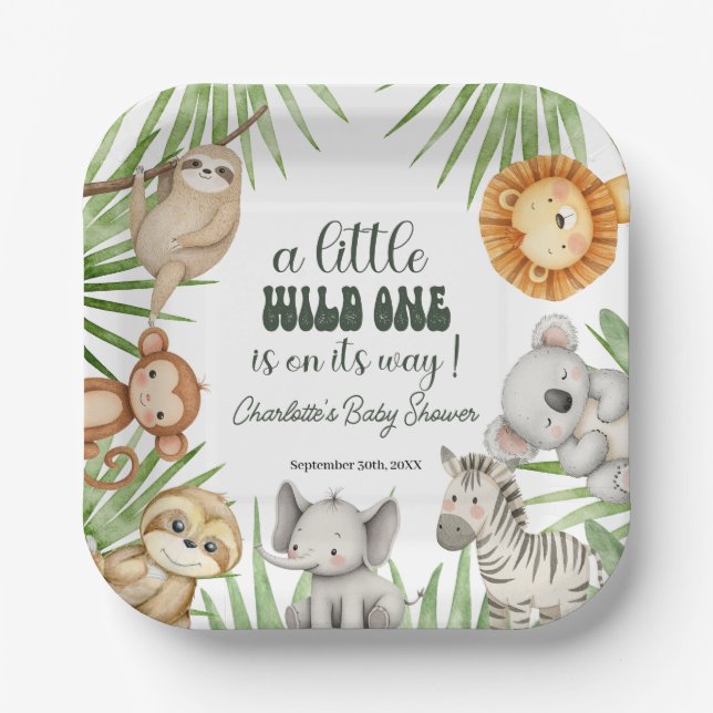 Plato De Papel Wild One Safari Animals Boy Baby Shower (Anverso)